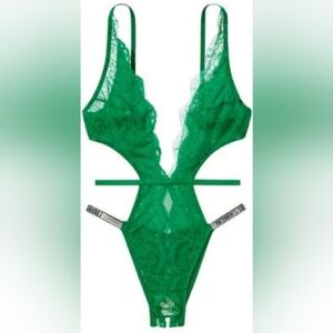 S M XL XXL 💚ST Patricks Day VS Shine Strap Lace Crotchless Teddy Green